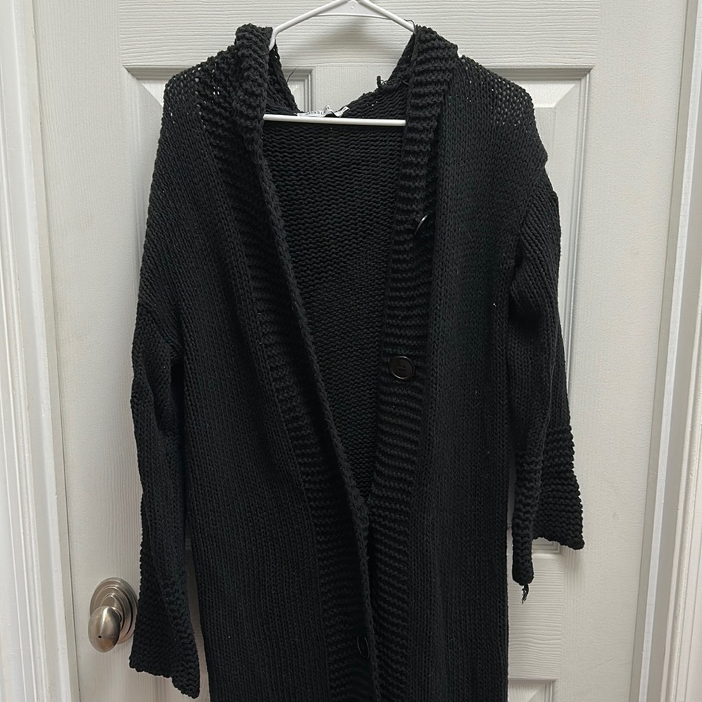 Long, Black cardigan with buttons and hood. Size small. Brand- MissLook
